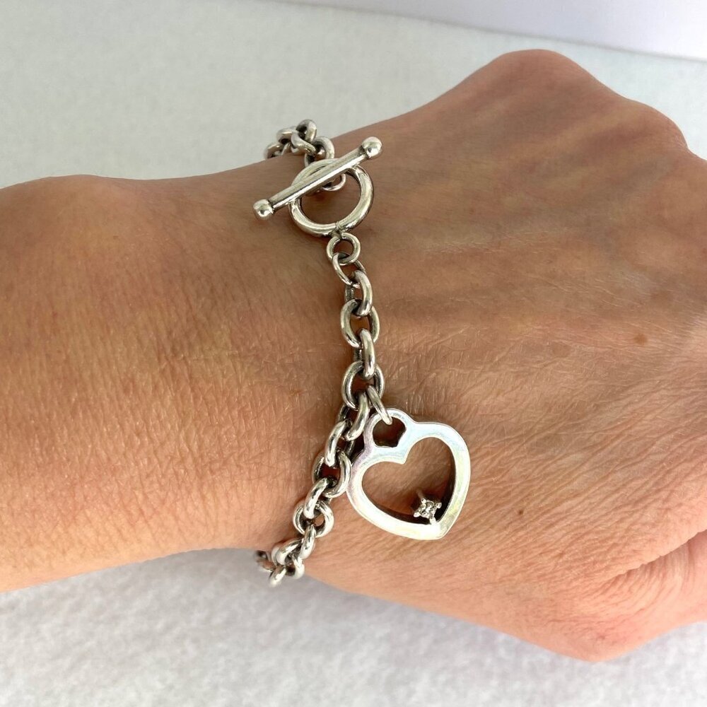 Solid Sterling Silver 925 UD Diamond Chip Heart Charm Cable Chain Bracelet 7.25"